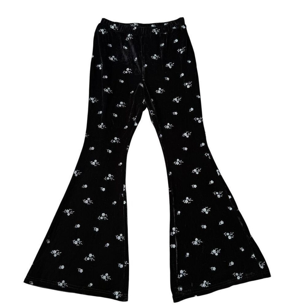 Avec Les Filles black stretch floral embroidered pants flare size M NWT - Picture 4 of 10